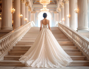 丈の長いウェディングドレスを着た女性モデル