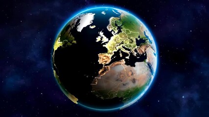 Wide shot of a detailed planet resembling Earth rotating in space, showcasing stylized continents with illuminated regional outlines and city lights against a starry cosmos - Powered by Adobe