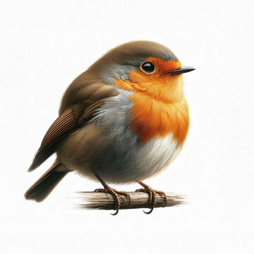 Cute red robin bird sitting on branch isolated on white background, detailed hyper realistic illustration with vibrant orange chest and round fluffy feathers, copy space concept for nature themes