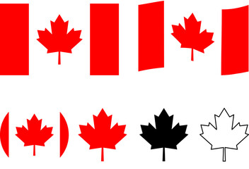 Canadian national emblems on a transparent background, featuring the iconic maple leaf, various representations of the flag, and illustrations of stylized leaves