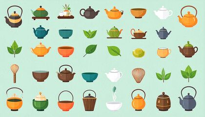 A vibrant collection of teapots, teacups, bowls, tea leaves, and tea accessories in various colors and styles, presented against a pale green background