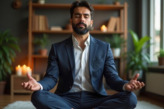Serene Scene: Hispanic Businessman Meditating in Office Amid Candlelit Plants