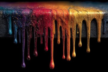 Vivid Metallic Paint Drips on Black Background