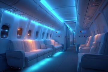 Mood Lighting Inside Airplane Cabin During Night Flight