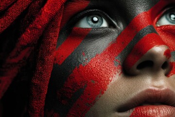 Modern Abstract Portrait with Red and Black Stripes Overlay