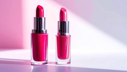Two lipsticks, red and pink, stand in bright light with geometric shadows