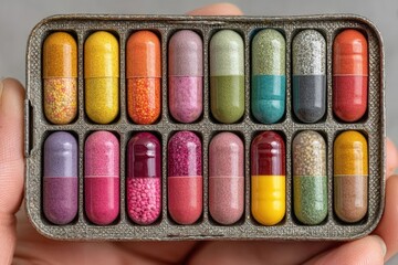 Hands Holding a Colorful Pill Box with Capsules from a Top View