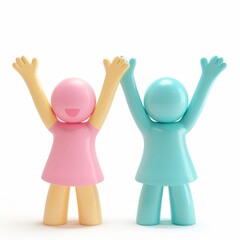 3D Man and Woman Celebrating Victory and Teamwork with Raised Hands