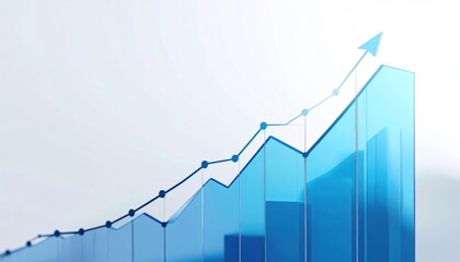 Blue bar graph with upward arrow, indicating growth
