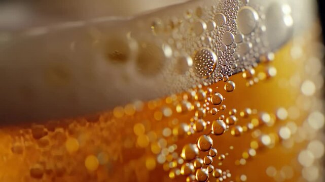 Close-up of beer bubbles and foam, golden hues, Oktoberfest theme