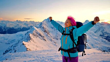 Medium shot of a joyful senior woman with vibrant pink hair and a blue jacket, raising her arms in triumph on a snowy mountain peak at sunrise, with a vast mountain range behind