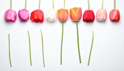 Row of tulip heads, separated from stems on white