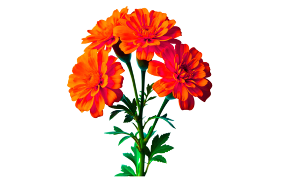 Orange and yellow marigold blossoms isolated on plain white background PNG, no shadow