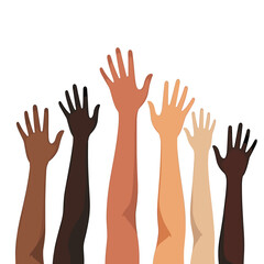 Fototapeta premium Diverse Group of Raised Hands Illustration Representing Unity, Support, and Community Engagement with Various Skin Tones