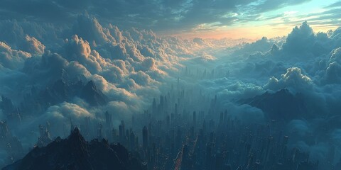 Polluted Urban Skyline with Fog and Modern Architecture