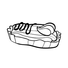 Minimalist vector doodle of an eclair with shiny glaze and cream filling. Clean, outlined style. Ideal for bakery designs, dessert menus, or sweet-themed products. Flat vector illustration.