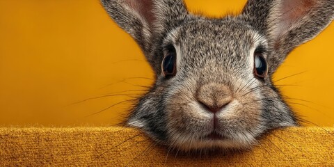 Cute Easter Bunny Peeking Out from Bright Yellow Background
