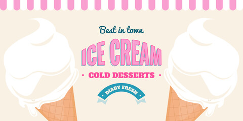 Pink Ice cream Banner. Sweet cold dessert social media advertising. Vintage brand with text. Branding for cafe and restaurant. Retro background.