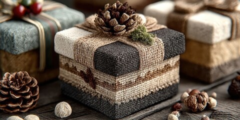 Chic Cozy Craft Gift Boxes on Wooden Background for Stylish, Zero Waste Holiday Packaging