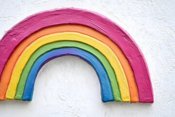 Handmade colorful clay rainbow sculpture on a white textured wall. A vibrant, creative arch symbolizing hope, pride, diversity, and childhood joy