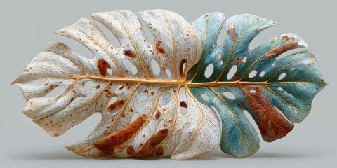 Dry Monstera Leaf Watercolor Illustration on White Background