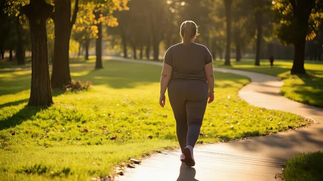 Woman Walking in the Park - Body Positivity Journey. A woman walking confidently on a path through a sun-drenched park, emphasizing body positivity and self-acceptance. 