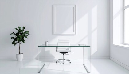 Bright, minimalist office white walls, glass desk, chair, plant, frame, natural light