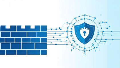 Firewall Security shield protects from brick wall via connected nodes