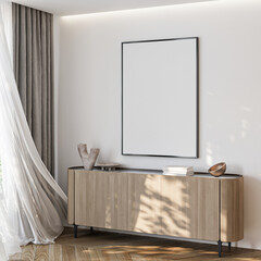 Frame mockup, ISO A paper size. Living room wall poster mockup. Interior mockup with house background. Modern interior design. 3D render
