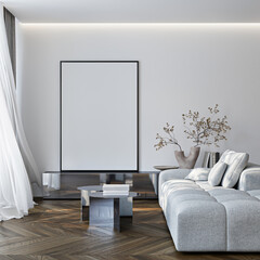 Frame mockup, ISO A paper size. Living room wall poster mockup. Interior mockup with house background. Modern interior design. 3D render

