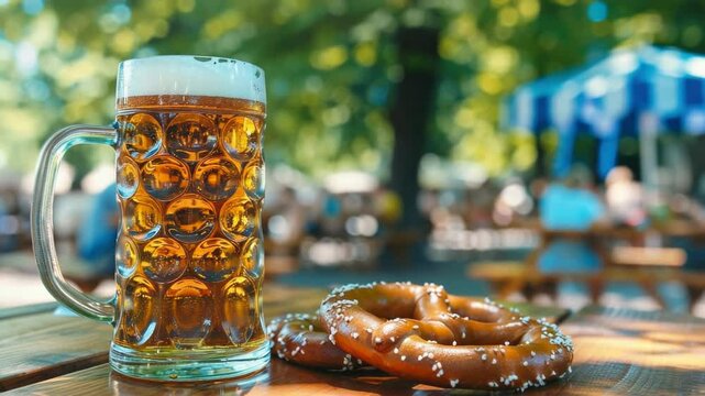 Beer mug with pretzel on wooden table at outdoor festival
