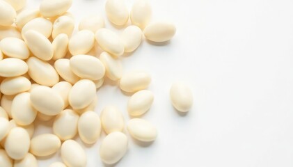 Scattered white beans on pristine white background, macro, still life, culinary