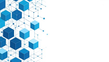 Blue cubes interconnected by lines and dots form a network pattern on a white background