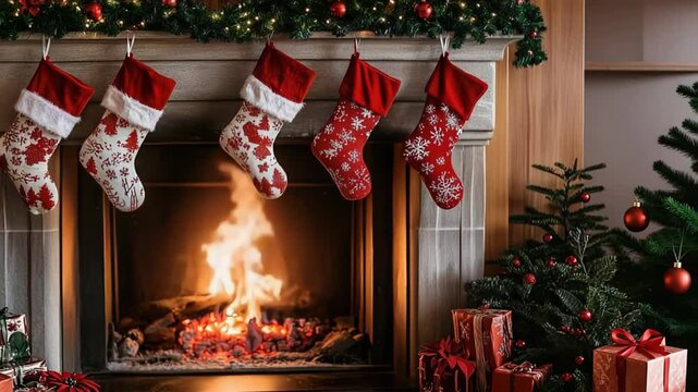 Cozy fireplace with Christmas stockings and gifts