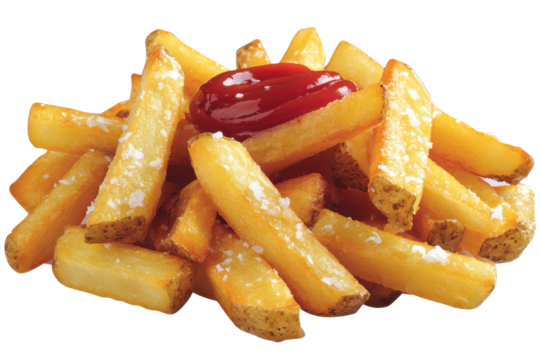 Golden salted fries gleam beneath a dollop of bright red ketchup against a white background
