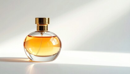 Amber liquid filled a round, clear glass perfume bottle with gold accents against white