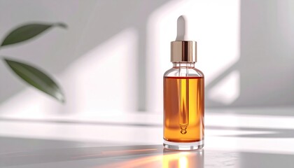 Amber oil in clear bottle w/ gold dropper, on marble, bright, sunny background