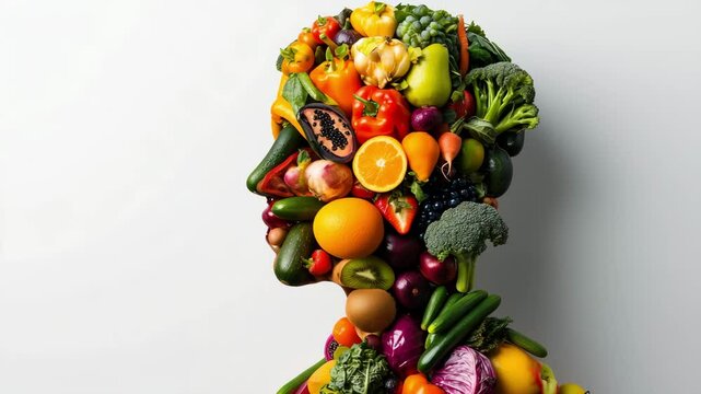 A human profile constructed from various fruits and vegetables in vibrant colors over white backdrop. Healthy nutrition concept