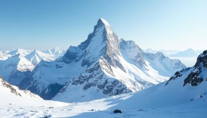 Snowy mountain peak, pristine white landscape, high, calm