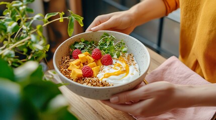 A radiant serving of yogurt with vibrant papaya cubes, raspberry swirl, turmeric granola, and lush microgreens, all arranged in a colorful ceramic bowl beside a folded pink and yellow napkin
