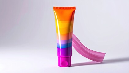 Rainbow-striped cosmetic tube with pink ribbon on clean white background
