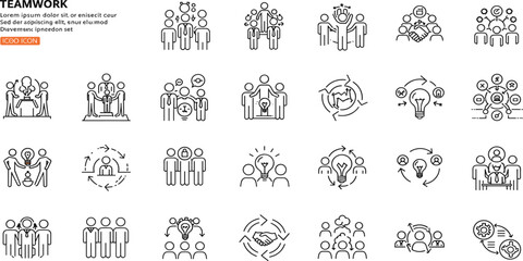 Fototapeta premium Teamwork icon set in line style. working together. Business team icon. Containing collaboration, agreement, cooperation, people, achievement,