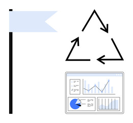 Flag representing goal, recycling arrows symbolizing sustainability, and dashboard with charts for data insights. Ideal for green initiatives, waste management, analytics, goals, eco solutions
