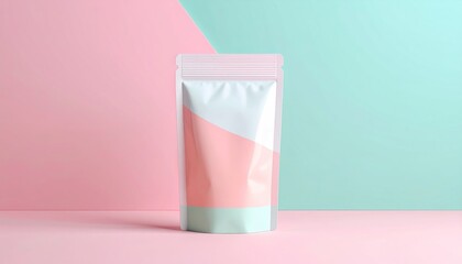 Stand-up pouch; color-blocked pink, mint, and white on a split-color background