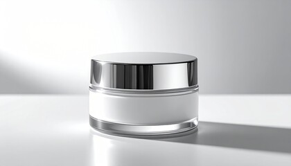 Cream jar low clear glass jar with silver lid and white label