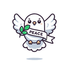 White dove cartoon with peace symbol in white background