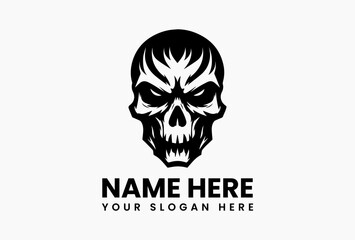 Bold monochrome skull logo with menacing stare and cracked bone texture. Hardcore aesthetic concept  