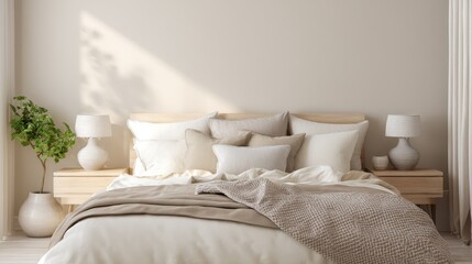Modern cozy bedroom, bed with layered white and soft beige bedding