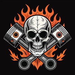 A grim biker skull, engulfed in flames, with fiery engine pistons replacing its eye sockets, detailed and gritty illustration style.