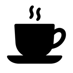 A simple black silhouette illustration of a hot cup of coffee on a saucer.